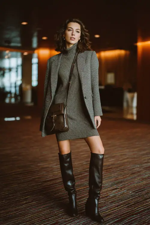 A full-body shot of a woman styled in a knit dress layered under a structured blazer, paired with knee-high leather boots and a refined shoulder bag