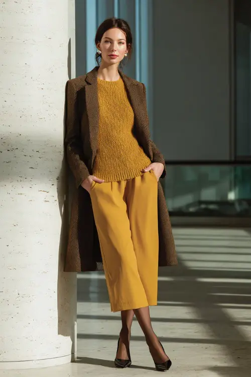 A full-body shot of a woman styled in a knit midi dress layered with a tailored blazer, paired with opaque tights and classic pumps, photographed inside a modern office lobby in winter 