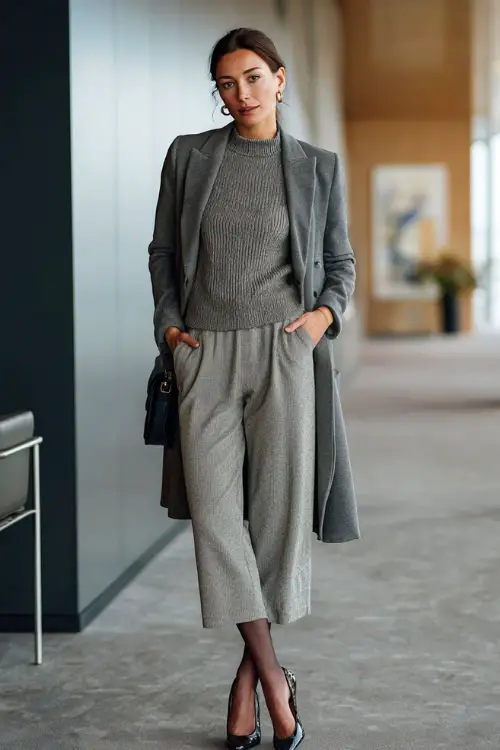 A full-body shot of a woman styled in a knit midi dress layered with a tailored blazer, paired with opaque tights and classic pumps, photographed inside a modern office lobby in winter