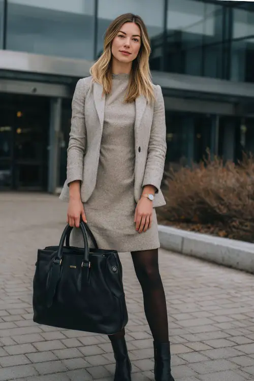 A full-body shot of a woman styled in a wool midi dress layered under a structured blazer, paired with tights and polished ankle boots, carrying a leather work tote 