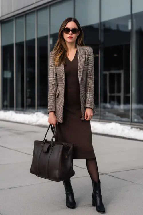 A full-body shot of a woman styled in a wool midi dress layered under a structured blazer, paired with tights and polished ankle boots, carrying a leather work tote