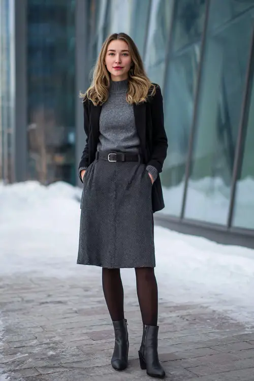 A full-body shot of a woman styled in an A-line midi skirt paired with a fitted knit sweater and a belted blazer, finished with opaque tights and polished ankle boots