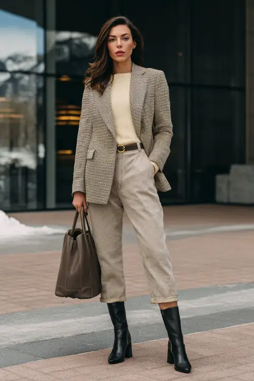 A full-body shot of a woman wearing a belted blazer layered over a thin sweater, paired with ankle-length trousers and block-heel boots, accessorized with a structured tote bag 