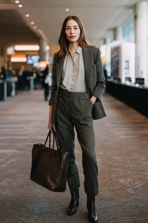 A full-body shot of a woman wearing a button-up blouse under a classic blazer, styled with ankle-length trousers and polished leather ankle boots, carrying a structured tote