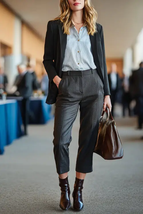 A full-body shot of a woman wearing a button-up blouse under a classic blazer, styled with ankle-length trousers and polished leather ankle boots, carrying a structured tote
