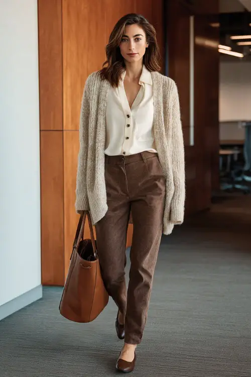 A full-body shot of a woman wearing a cardigan layered over a crisp blouse, paired with straight-leg pants and leather flats, carrying a structured tote bag 