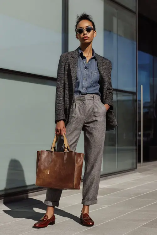 A full-body shot of a woman wearing a chambray shirt layered under a tailored wool blazer, paired with straight-leg trousers and leather loafers, accessorized with a structured tote bag