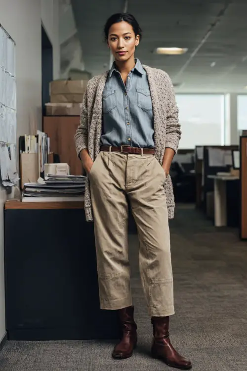 A full-body shot of a woman wearing a chambray shirt under a neutral cardigan, paired with ankle-length trousers and leather ankle boots, standing in a casual business office setting in winter