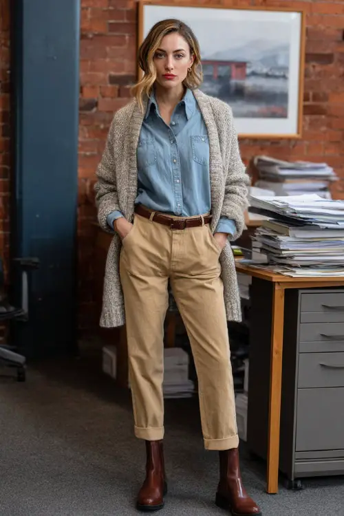 A full-body shot of a woman wearing a chambray shirt under a neutral cardigan, paired with ankle-length trousers and leather ankle boots