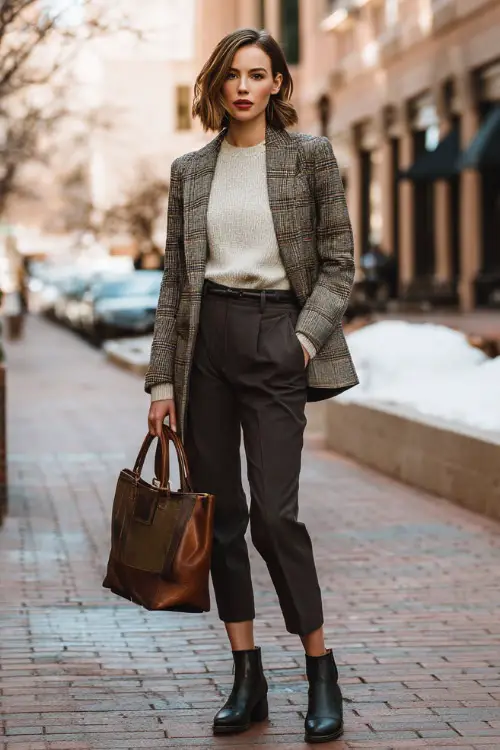 A full-body shot of a woman wearing a plaid blazer layered over a simple sweater, paired with dark tailored pants and leather ankle boots, carrying a structured tote