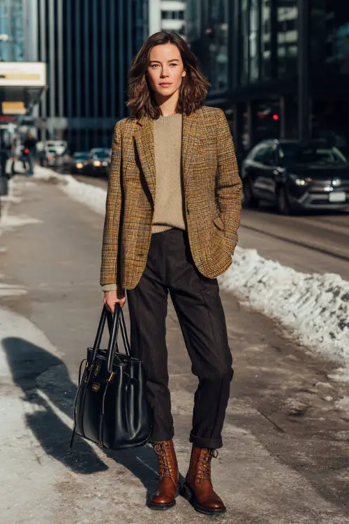 A full-body shot of a woman wearing a plaid blazer layered over a simple sweater, paired with dark tailored pants and leather ankle boots, carrying a structured tote