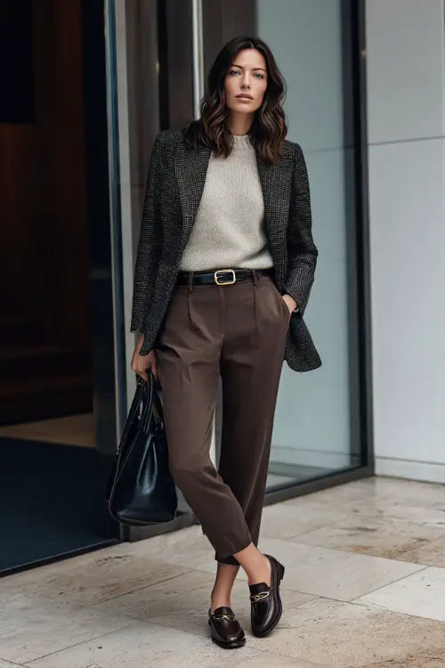 A full-body shot of a woman wearing a structured blazer layered over a soft cashmere sweater, paired with tailored ankle-length trousers and classic leather loafers