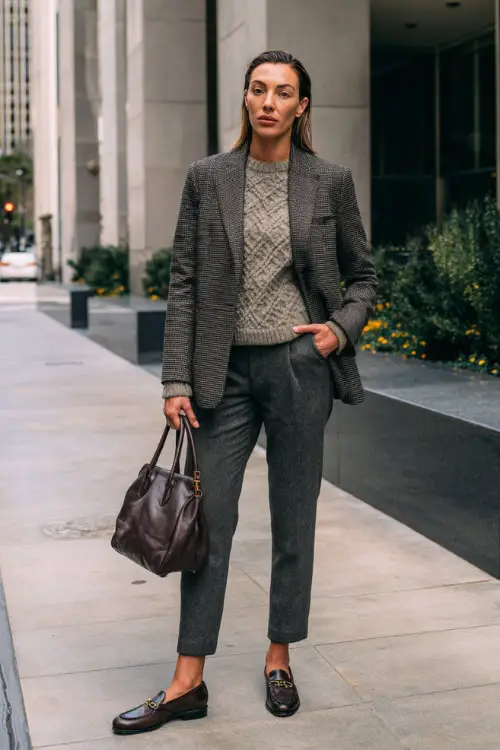 A full-body shot of a woman wearing a tailored blazer layered over a fine knit sweater, paired with straight-leg trousers and leather loafers, accessorized with a structured handbag