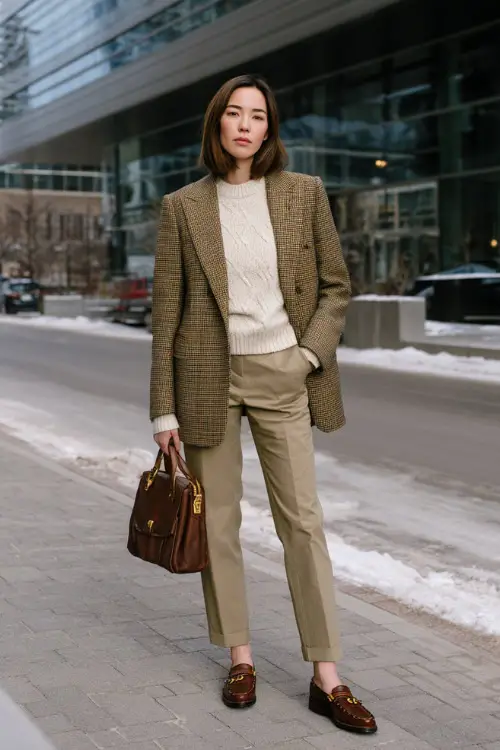 A full-body shot of a woman wearing a tailored blazer layered over a fine knit sweater, paired with straight-leg trousers and leather loafers