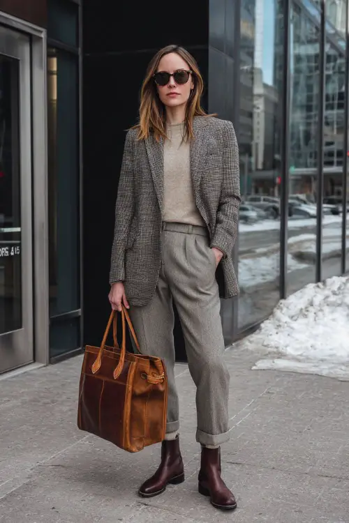 A full-body shot of a woman wearing a tailored wool blazer layered over a fine knit sweater, paired with straight-leg trousers and classic leather ankle boots 