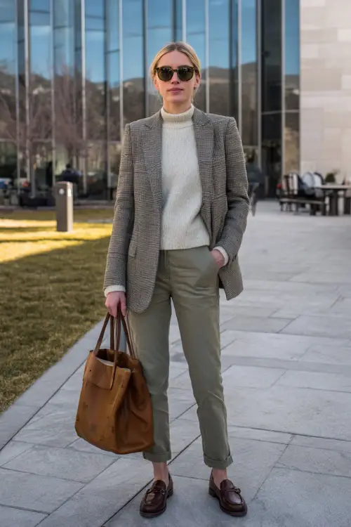 A full-body shot of a woman wearing a tailored wool blazer layered over a fine knit sweater, paired with straight-leg trousers and leather loafers 