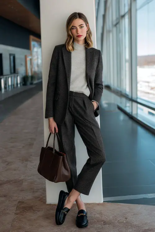 A full-body shot of a woman wearing a tailored wool blazer layered over a lightweight knit sweater, straight-leg trousers, and leather loafers, styled with a structured tote bag