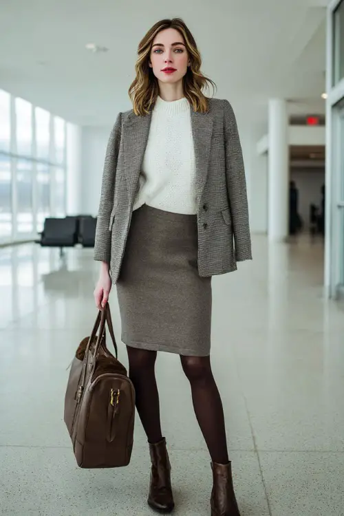 A full-body shot of a woman wearing a wool midi skirt paired with a fine knit sweater and a tailored blazer, styled with opaque tights and leather ankle boots