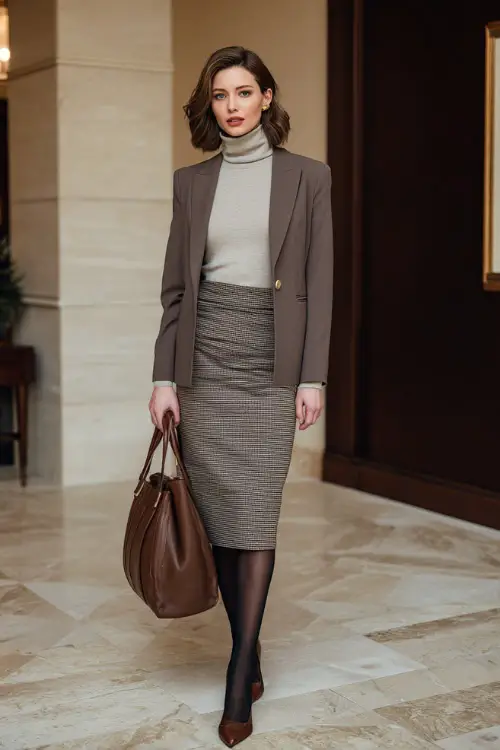 A full-body shot of a woman wearing a wrap-style midi skirt paired with a lightweight turtleneck and structured blazer, finished with opaque tights and pointed-toe shoes
