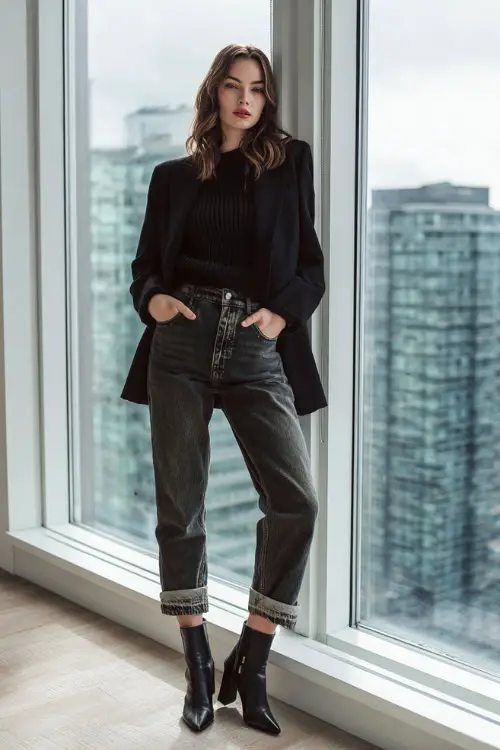A full-body shot of a woman wearing straight-leg jeans paired with a fine-gauge sweater and a belted blazer, styled with block-heel ankle boots 