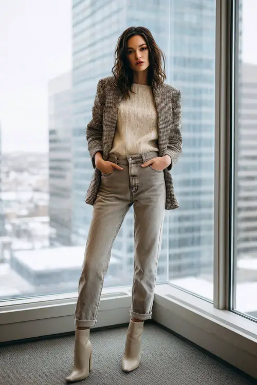 A full-body shot of a woman wearing straight-leg jeans paired with a fine-gauge sweater and a belted blazer, styled with block-heel ankle boots