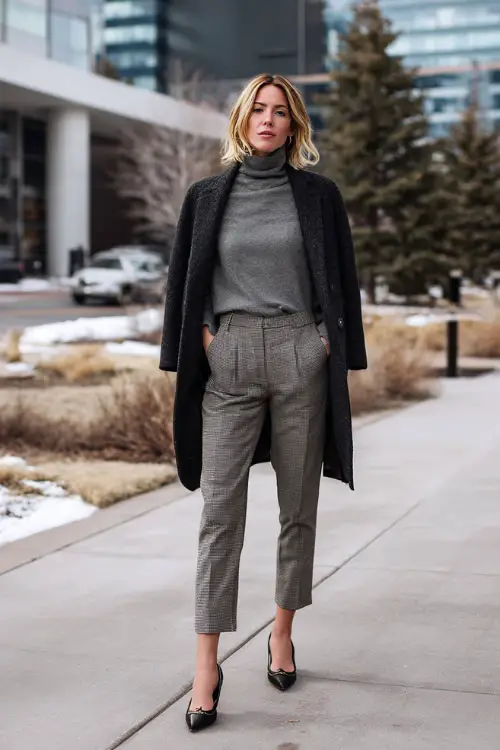 A full-body view of a midsize woman dressed in a soft turtleneck sweater tucked into tailored ankle-length pants, layered with a classic wool coat and finished with pointed-toe flats