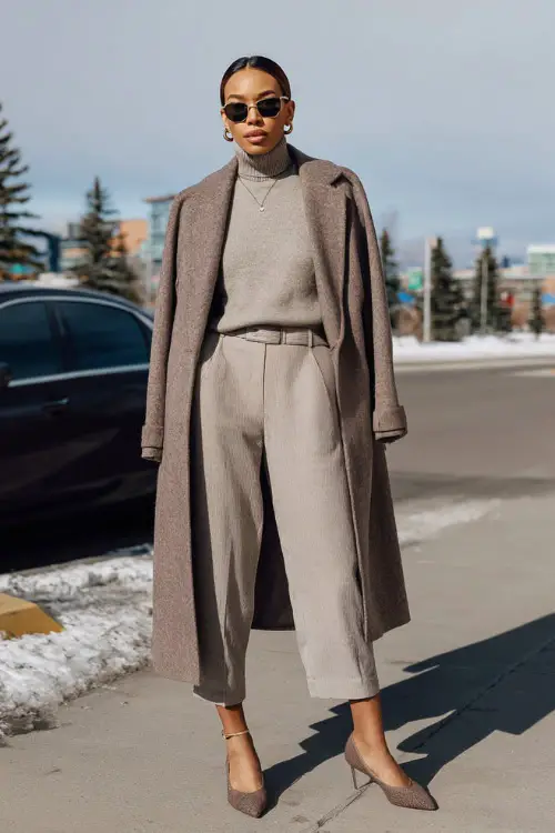 A full-body view of a midsize woman styled in a lightweight turtleneck paired with ankle-length pants and a belted wool coat, finished with pointed-toe flats and minimal jewelry