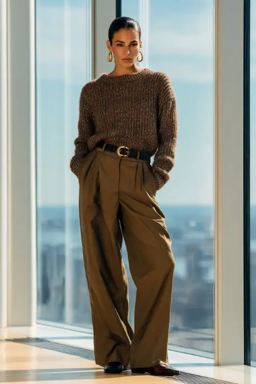 A full-body view of a midsize woman wearing a fine-gauge sweater paired with wide-leg trousers, finished with loafers and a slim belt, accessorized with minimal jewelry 