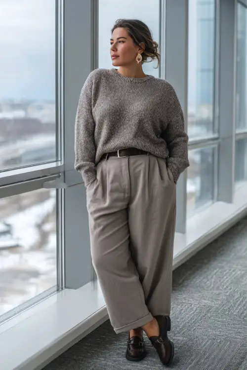 A full-body view of a plus-size woman wearing a fine-gauge sweater paired with wide-leg trousers, finished with loafers and a slim belt, accessorized with minimal jewelry