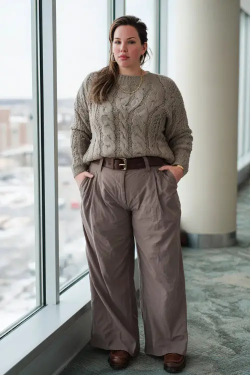 A full-body view of a plus-size woman wearing a fine-gauge sweater paired with wide-leg trousers, finished with loafers and a slim belt, accessorized with minimal jewelry
