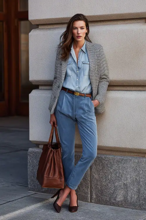 A full-body view of a woman dressed in a chambray shirt layered with a belted blazer, paired with straight-leg pants and block-heel shoes