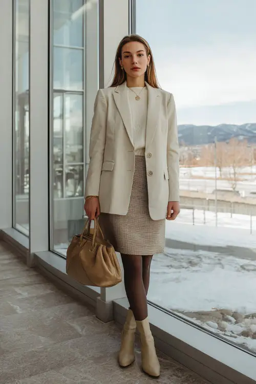 A full-body view of a woman dressed in a neutral-toned blazer paired with a midi skirt, opaque tights, and pointed-toe ankle boots