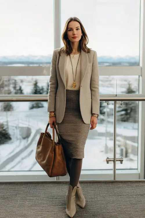 A full-body view of a woman dressed in a neutral-toned blazer paired with a midi skirt, opaque tights, and pointed-toe ankle boots, accessorized with minimal jewelry and a leather handbag