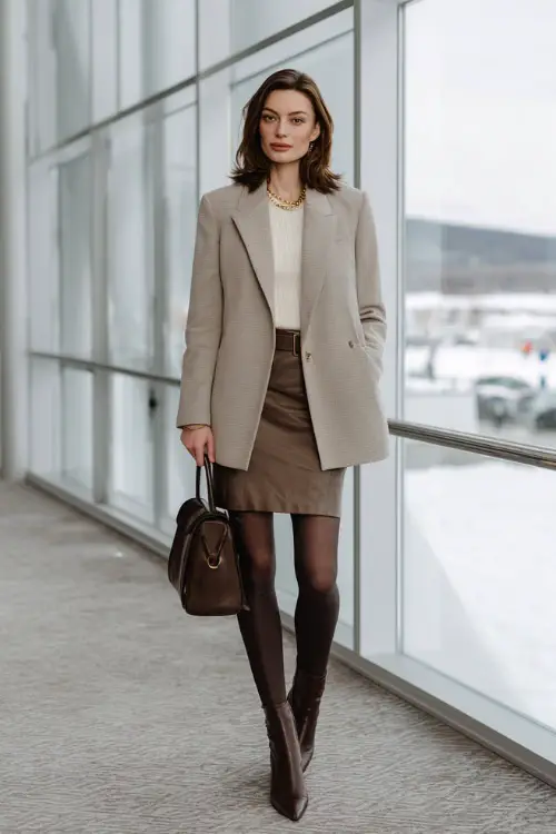 A full-body view of a woman dressed in a neutral-toned blazer paired with a midi skirt, opaque tights, and pointed-toe ankle boots
