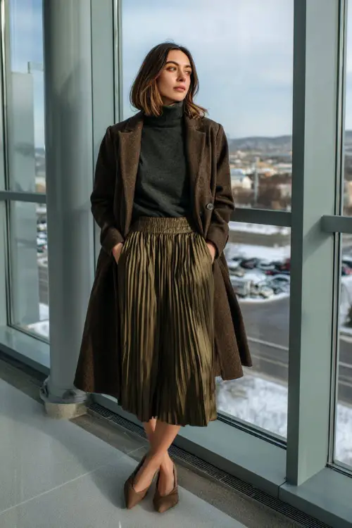 A full-body view of a woman dressed in a pleated midi skirt paired with a soft turtleneck sweater, layered with a wool coat and finished with pointed-toe flats 