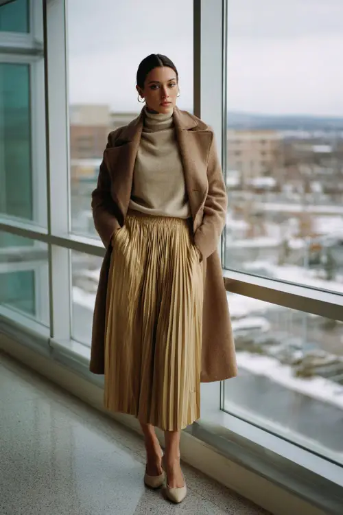 A full-body view of a woman dressed in a pleated midi skirt paired with a soft turtleneck sweater, layered with a wool coat and finished with pointed-toe flats