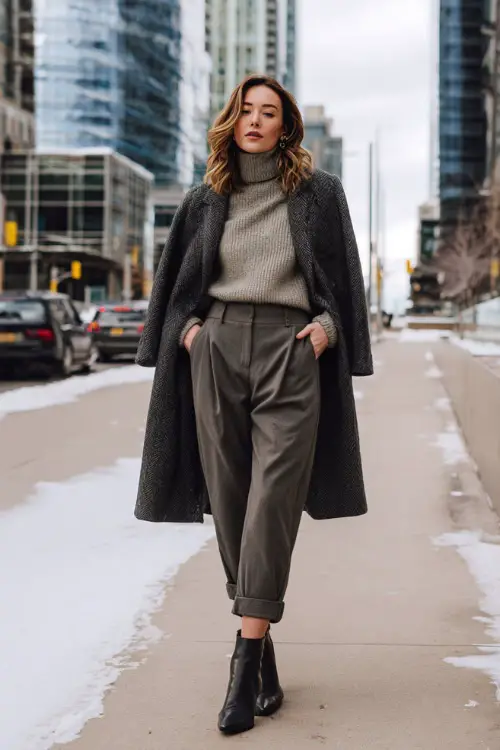 A full-body view of a woman dressed in a soft turtleneck sweater tucked into tailored ankle-length pants, layered with a wool coat and finished with block-heel ankle boots 