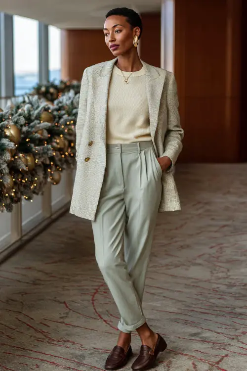 A full-body view of a woman in a belted blazer worn over a thin knit top, paired with straight-leg pants and elegant loafers