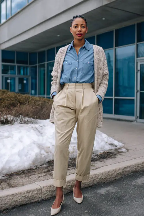 A full-body view of a woman styled in a chambray button-up shirt tucked into high-waisted tailored pants, layered with a lightweight knit cardigan and finished with pointed-toe flats