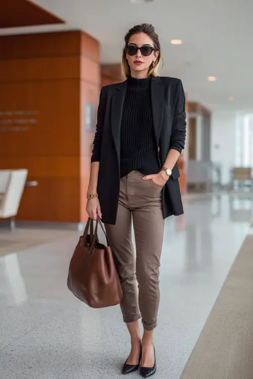 A full-body view of a woman styled in a classic black blazer worn over a fine-gauge knit, paired with slim trousers and polished flats, accessorized with a watch and leather bag