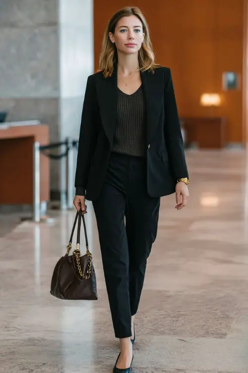 A full-body view of a woman styled in a classic black blazer worn over a fine-gauge knit, paired with slim trousers and polished flats, accessorized with a watch and leather bag