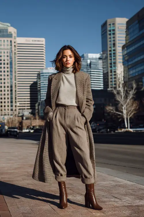 A full-body view of a woman styled in a lightweight turtleneck tucked into tailored pants, layered with a long wool coat and finished with polished block-heel boots