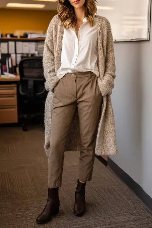 A full-body view of a woman styled in a long cardigan worn over a crisp blouse, paired with straight-leg pants and classic leather ankle boots