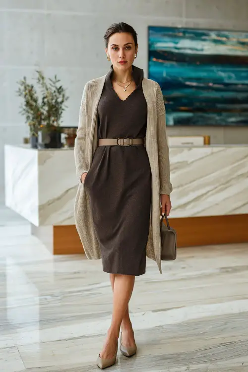 A full-body view of a woman styled in a wool midi dress paired with a belted cardigan and pointed-toe flats, finished with subtle jewelry 