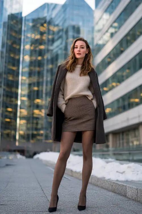 A full-body view of a woman styled in a wool skirt paired with a tucked-in knit sweater and tailored coat, paired with tights and classic pumps 