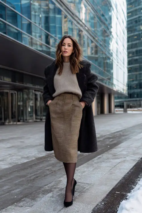 A full-body view of a woman styled in a wool skirt paired with a tucked-in knit sweater and tailored coat, paired with tights and classic pumps
