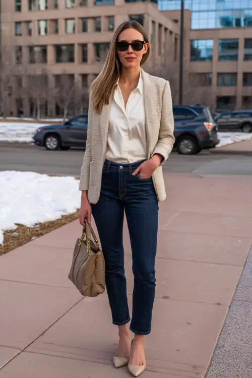 A full-body view of a woman styled in dark blue jeans paired with a crisp button-up blouse and a neutral blazer, accessorized with pointed-toe flats and a leather handbag 