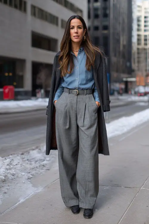 A full-body view of a woman wearing a chambray shirt paired with wide-leg trousers, layered with a tailored coat and finished with loafers