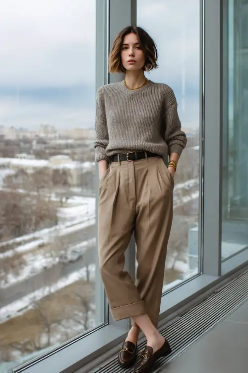A full-body view of a woman wearing a fine-gauge sweater paired with wide-leg trousers, finished with loafers and a slim belt, accessorized with minimal jewelry