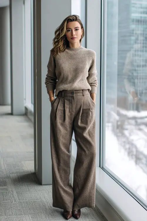 A full-body view of a woman wearing a fine-gauge sweater paired with wide-leg trousers, finished with pointed-toe ankle boots and minimal accessories